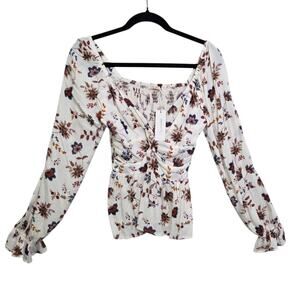 MI AMI Francesca's Cream & Floral Long Sleeve Crepe Ruffle Wrist Top SZ‎ S NWT